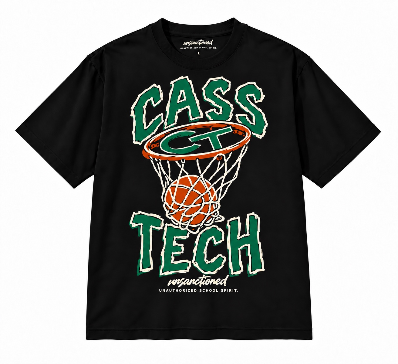 Black Cass Tech hoop tee with orange basketball rim and green CT mark