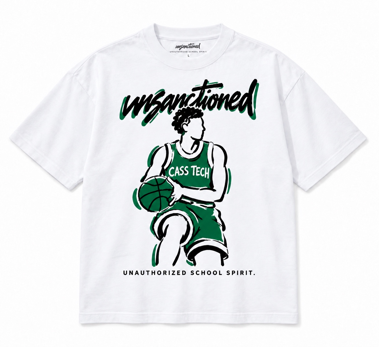 White UNSANCTIONED tee with loose black player outlines and offset green coloring